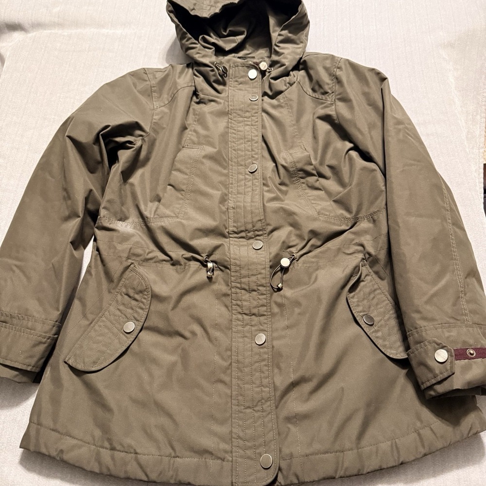 Giacca Womens Large Olive Hooded Utility Jacket Cinch Waist Rain Coat